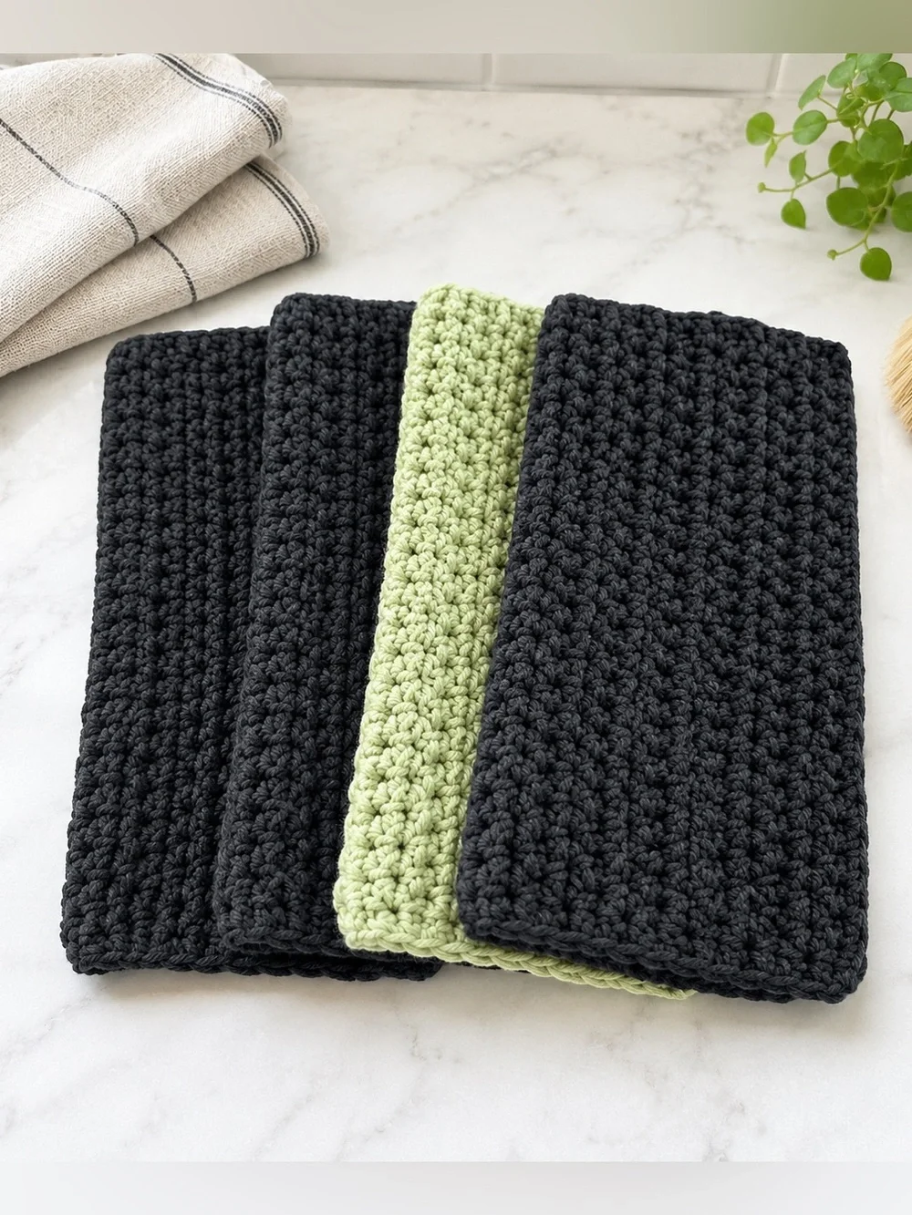 Handmade Crochet 100% cotton Dishcloths Set of 4 Black and sage Green Washcloth